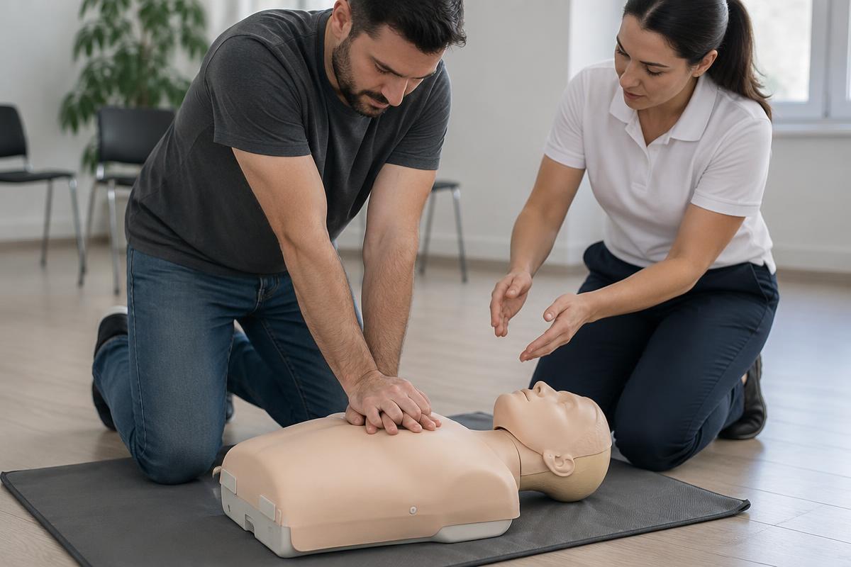 Stagiaire réalisant un massage cardiaque sur mannequin lors d'une formation SST